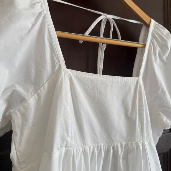 DRAPER JAMES | White Cotton Square Neck Puff Sleeve Mini Babydoll Dress | Small - Picture 2 of 5